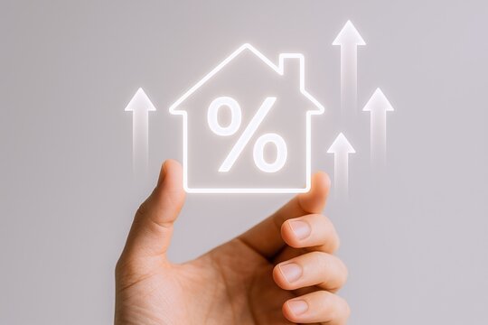Rising Real Estate Market: Hand Holding House Icon with Increasing Percentage Symbol and Arrows