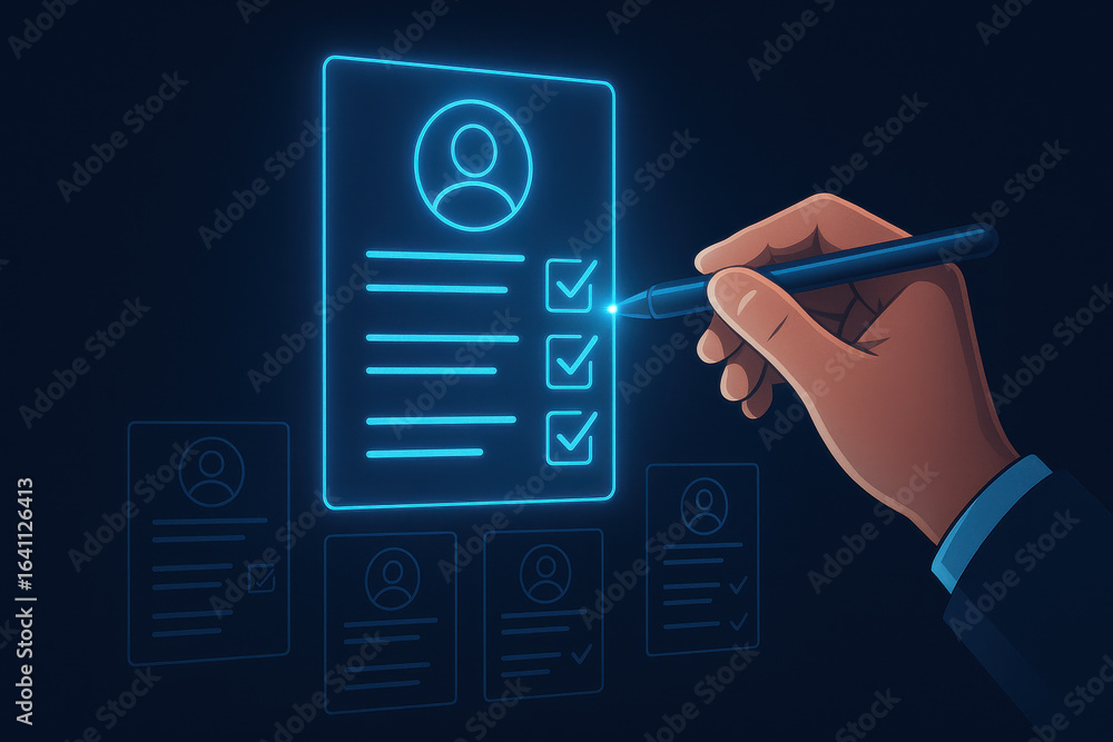 Poster digital checklist hand document user profile verification technology modern business