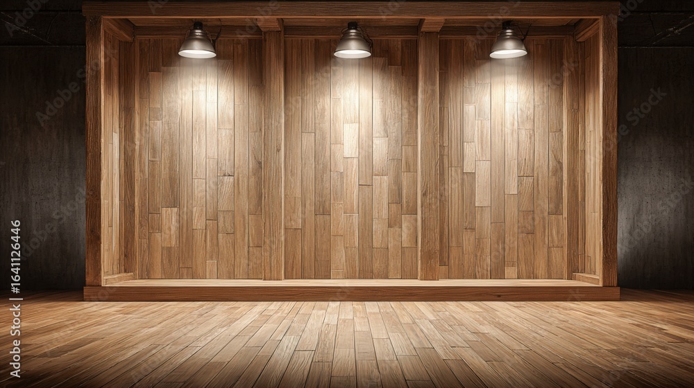 Aufkleber empty wooden display stage with three spotlights for product placement and mockups in a gallery