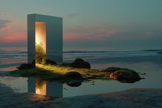Surreal coastal scene with a glowing rectangular structure, greenery, and a sunset view over the ocean
