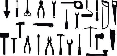 Hand Tools Silhouette Vector Set – Wrench, Pliers, Screwdriver, Hammer, Spanner, Equipment, Construction, Repair, Maintenance, DIY, Workshop, Manual, Black Icon, Graphic