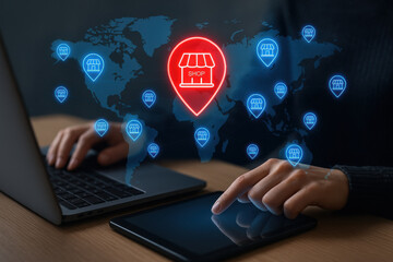Naklejka premium Digital map with shop icons, showcasing online shopping and global connectivity