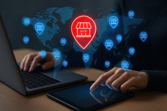 Digital map with shop icons, showcasing online shopping and global connectivity