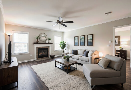 A bright, inviting, and comfortable transitional living room featuring a cozy fireplace, a large sectional sofa, and a ceiling fan for a relaxed family space.
