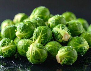 Photo of fresh Brussels sprouts with water droplets on them