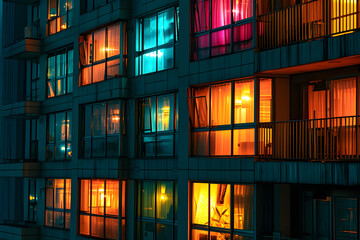 Colorful apartment windows illuminate a cityscape during twilight hours