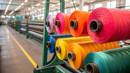 Captivating close-up of colorful yarn spools moving in a textile factory.
