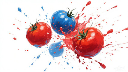 La Tomatina Festival, Vibrant explosion of juicy red tomatoes splattering with blue and red liquids against a clean white background, a dynamic and fresh culinary art piece