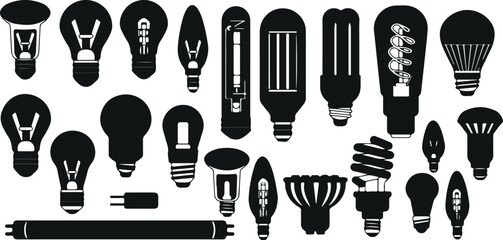 Light Bulbs Vector Set – LED, Incandescent, Fluorescent, Electric, Energy, Lighting, Technology, Brightness, Power, Electricity, Innovation, Bulb Shapes, Lamp, Glow, Idea, Graphic