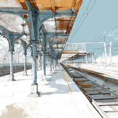 Obraz premium Create a Intricate Abandoned Train Station Platform against a clean and crisp white background