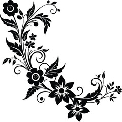 Vector art of intricate black floral design element with swirling vines, leaves, and flowers, isolated on a white background, perfect for decorative accents and vintageinspired artwork