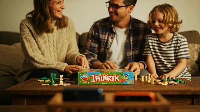 A family enjoys playing a board game after putting their phones away for a digital detox