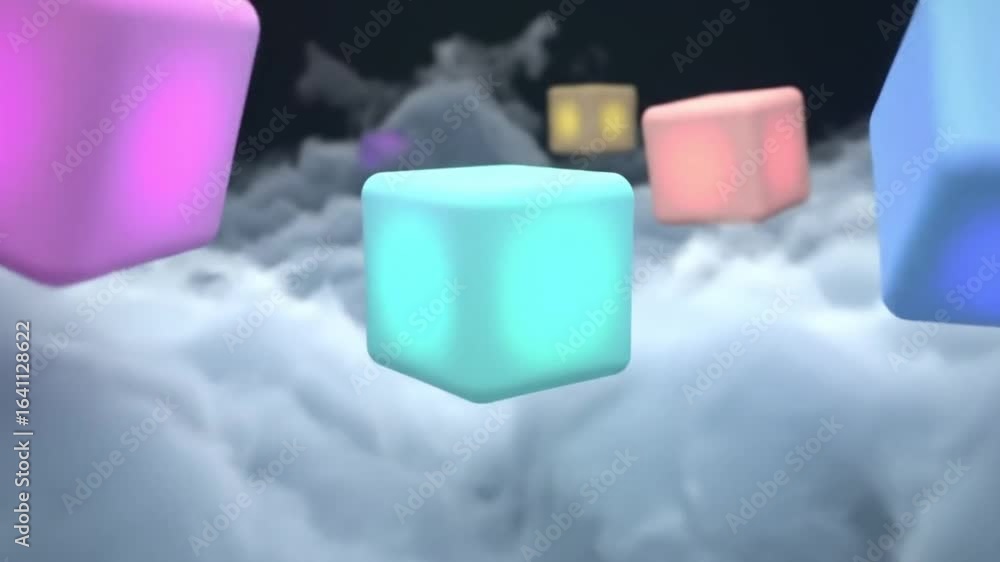 Poster vibrant, glowing cubes float through atmospheric clouds in dynamic motion