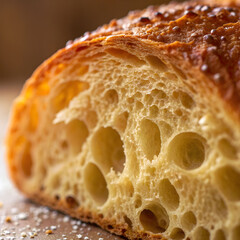 Close-up macro photograph of a porous, golden-brown bread crust