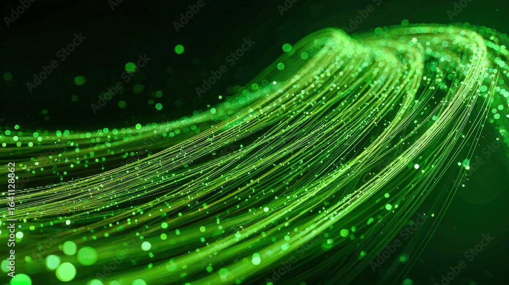 Poster green abstract wave background with flowing lines and glowing particles for technology or nature con