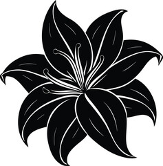 Vector art of an artistic black silhouette of a blooming lily flower, featuring detailed petals and reproductive parts, isolated on a clean white background for versatile use