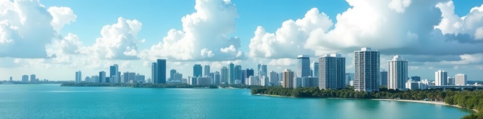 Breathtaking Miami cityscape, cloud-dappled sky, cute high-rises , beautiful, water