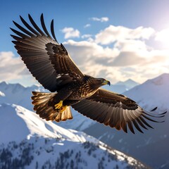 Majestic eagle in flight over snow-capped mountains, bathed in sunlight