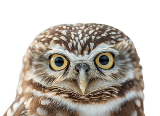 Obraz premium Brown and white owl with striking yellow eyes perched and looking directly at the viewer in a clear setting