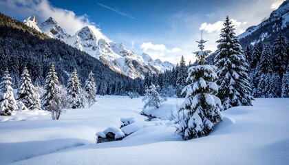 Fototapeta premium Snowy mountain valley, sunlit