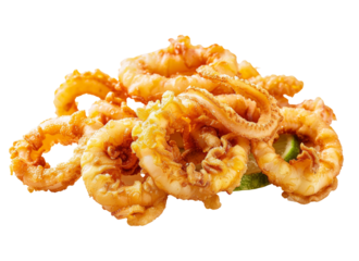 Crispy fried calamari served on a plate at a seaside restaurant during a summer evening gathering