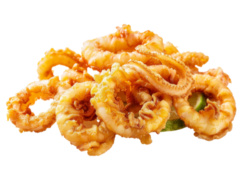 Crispy fried calamari served on a plate at a seaside restaurant during a summer evening gathering