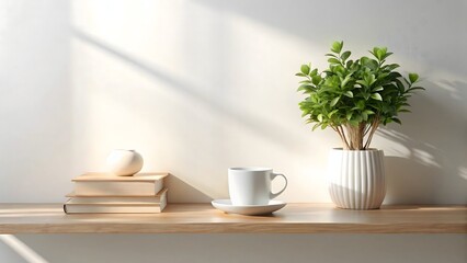 Obraz premium A simple still life composition on a wooden shelf features a stack of books, a white cup and saucer, and a green potted plant, bathed in warm sunlight and soft shadows