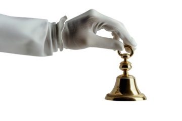 Elegant hand in white glove holds shiny golden bell against plain background for ceremonial purpose or announcement