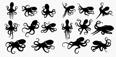 A collection of stylized black octopus silhouettes in various dynamic poses against a transparent background.