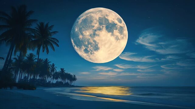 Tropical beach at night with oversized full moon and palm trees
