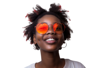 Smiling girl with heart-shaped sunglasses poses against a plain background during a bright day