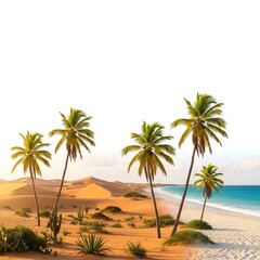 Obraz premium Five Palm Trees on a Tropical Desert Beach with Turquoise Ocean landscape Jpg clipping path, social media, Advertisement, HD photo, close up, high quality., web, banner, poster. 
