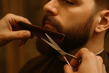 Close‑up of barber trimming mustache with scissors, shallow depth and warm bokeh for detail focus