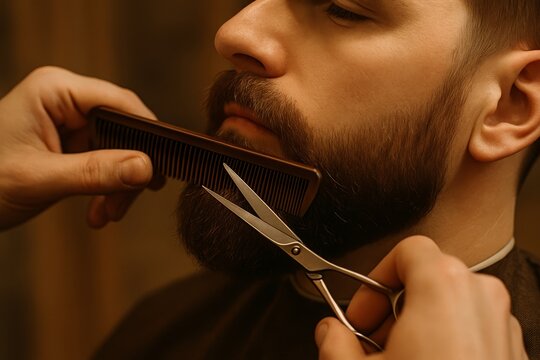Close‑up of barber trimming mustache with scissors, shallow depth and warm bokeh for detail focus