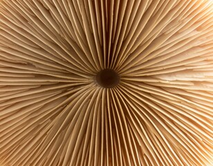 An extreme macro shot from below a wild mushroom cap, revealing intricate and detailed gill patterns.