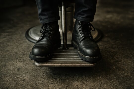 Close detail of black leather boots in shop setting, fashion and craftsmanship emphasis - Powered by Adobe