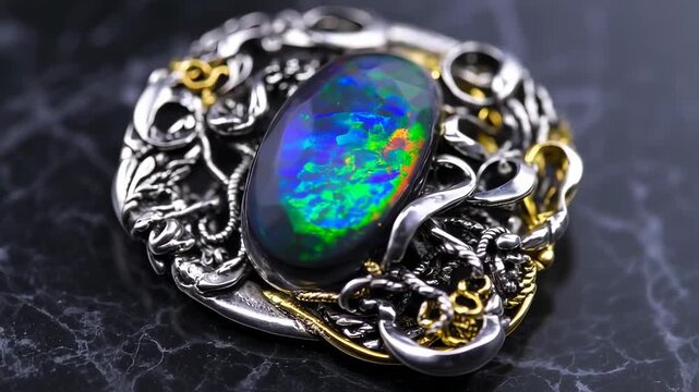 Exquisite black opal gem nestled in a custom, intricate, ornate jewelry mount