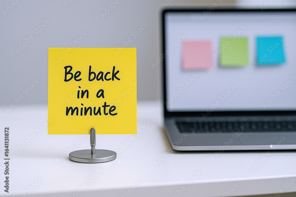Poster temporary absence message displayed on office desk with laptop and sticky notes in background