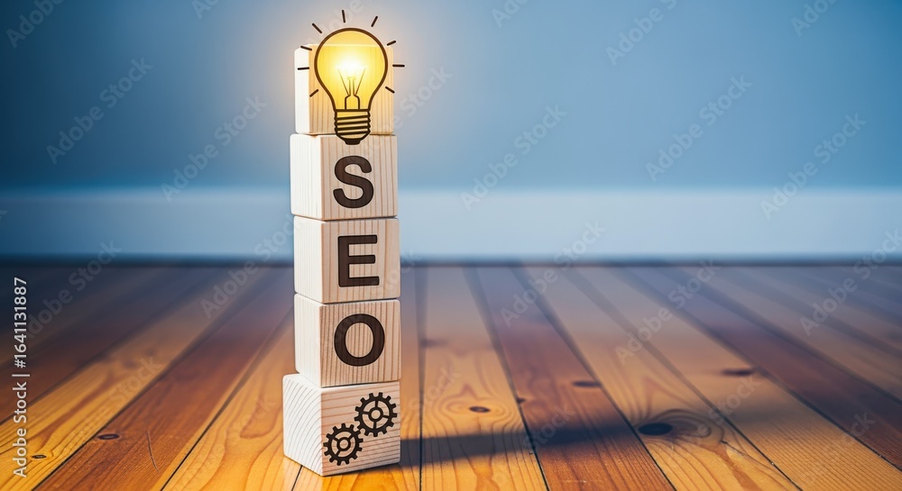 Poster seo concept: stacked blocks with light bulb illustrating search engine optimization strategies and i