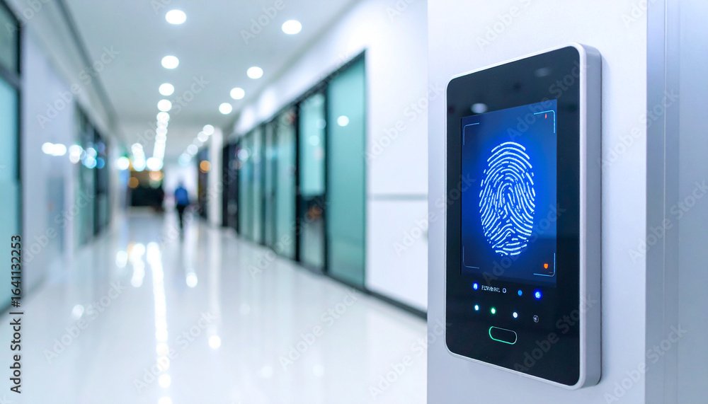 Poster smart security: the sleek biometric device stands guard in a modern building, safeguarding the prope