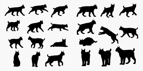 A collection of black lynx silhouettes showing the wild cat in various poses like walking, running, jumping, and sitting.