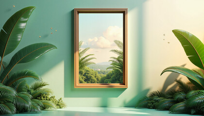 Obraz premium Tropical view through a window, evokes paradise, with space for text