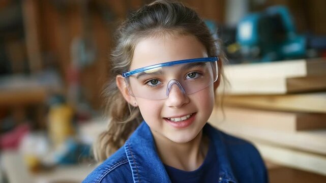 Young student in safety goggles learning woodworking skills in class.