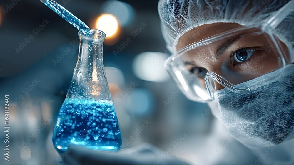 Poster female scientist in protective gear meticulously adding reagent to an erlenmeyer flask with a pipett