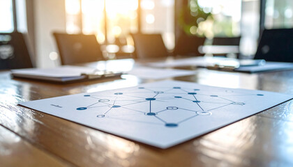 Data Flow Diagram in Conference Room: Close-up of a data flow diagram lying on a wooden table in a conference room, with blurred chairs and natural light filling the background.