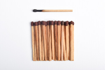 Wooden match isolated on white background. Piles of matchstick