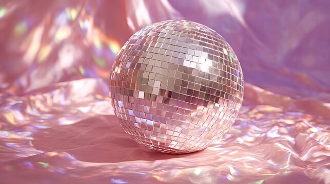 Classic disco ball sitting on a shiny pink iridescent fabric, reflecting colorful light, creating a festive and celebratory atmosphere perfect for party or nightclub themes - Powered by Adobe