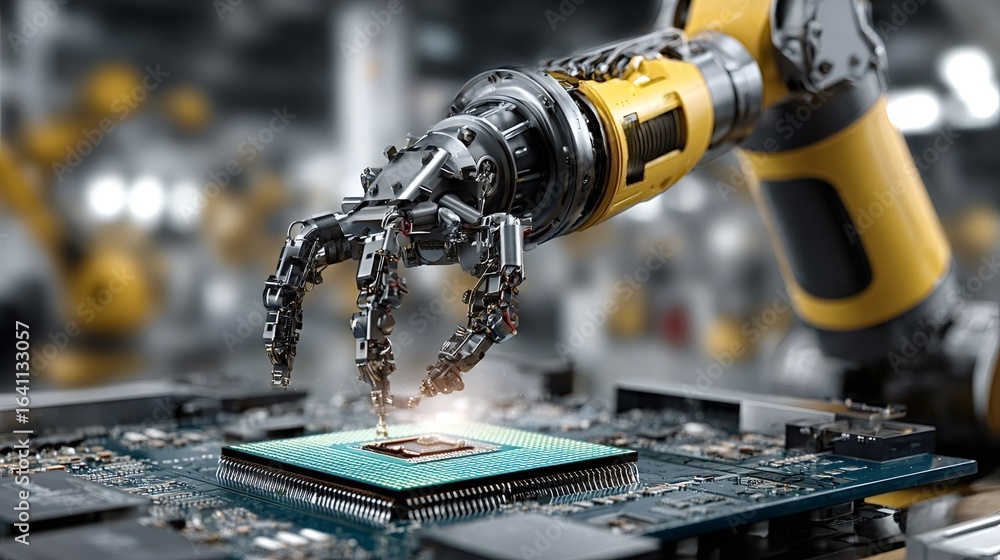 Poster modern robotic arm skillfully installing a cpu chip onto a motherboard, highlighting advancements in