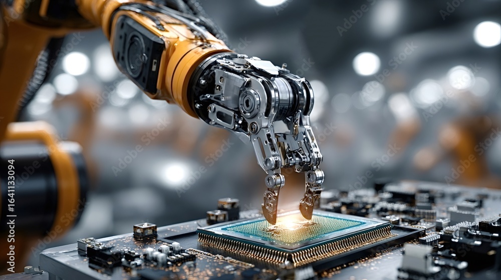 Poster robotic arm installing cpu chip on a motherboard in a factory, representing industrial automation, t