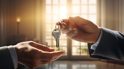 Handing over the keys for a new property during a real estate transaction in a bright well-lit room